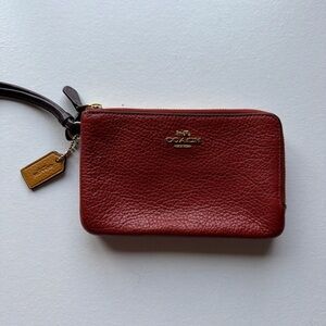 Coach Small Pebbled Leather Wristlet in Brick Red with Gold Hardware
